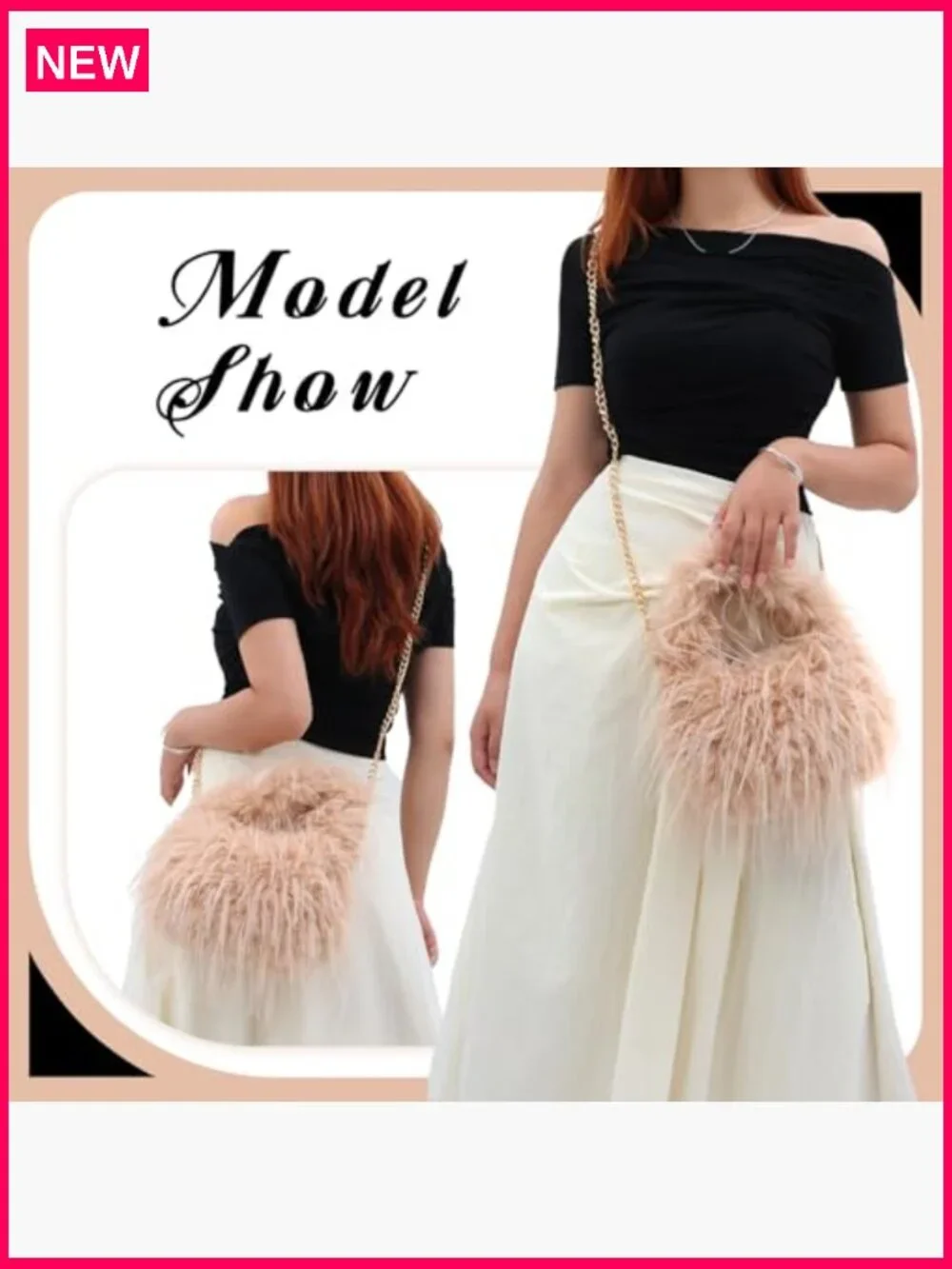Y2K Faux Fur Tote Bag Fluffy Shoulder Hobo Purse with Chain